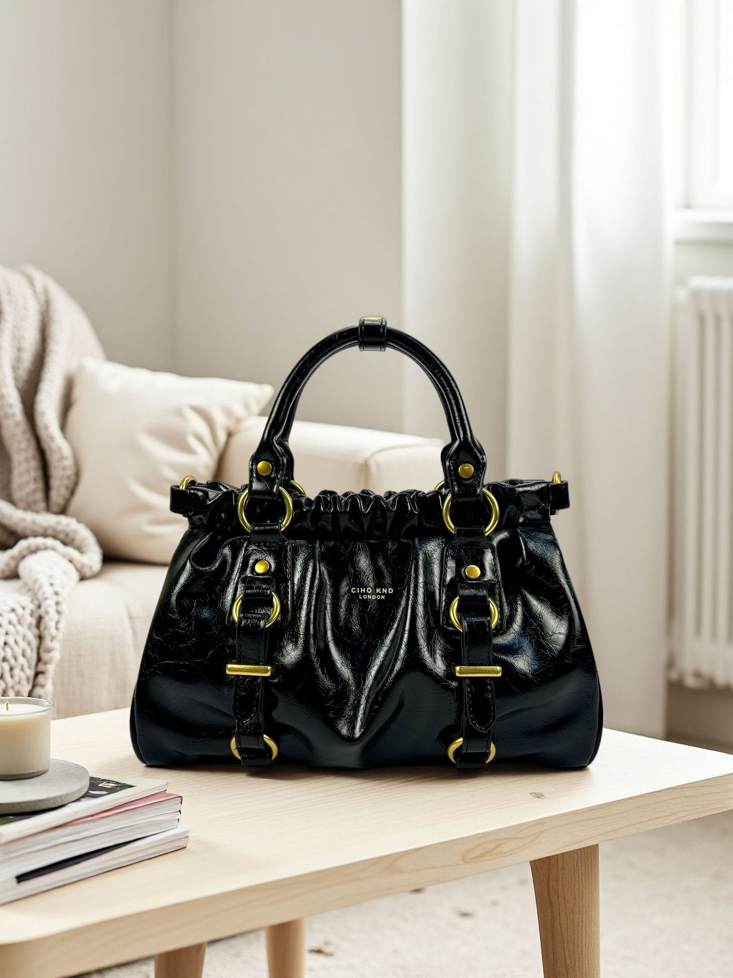 Black leather lady tote bag